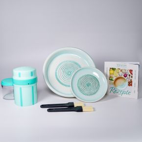 Tellerreibe Mint, Dipschale Mint mit Reinigungspinsel und Rezeptheft und dem EasyGrater Kolibri