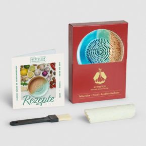 evergrate Keramikreibe Ocean in weihnachtlicher Geschenkbox mit Rezeptheft, Reinigungspinsel und Knoblauchschäler