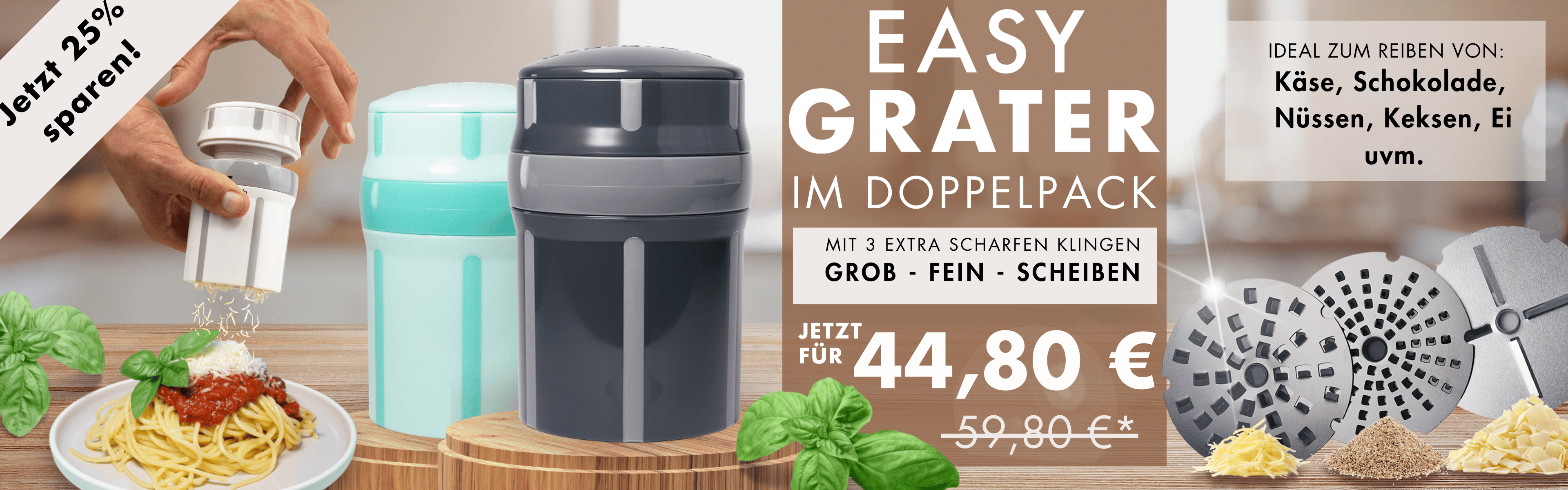 Darstellung des Produktes in der Anwendung beim Reiben und die verschiedenen Sägeblätter