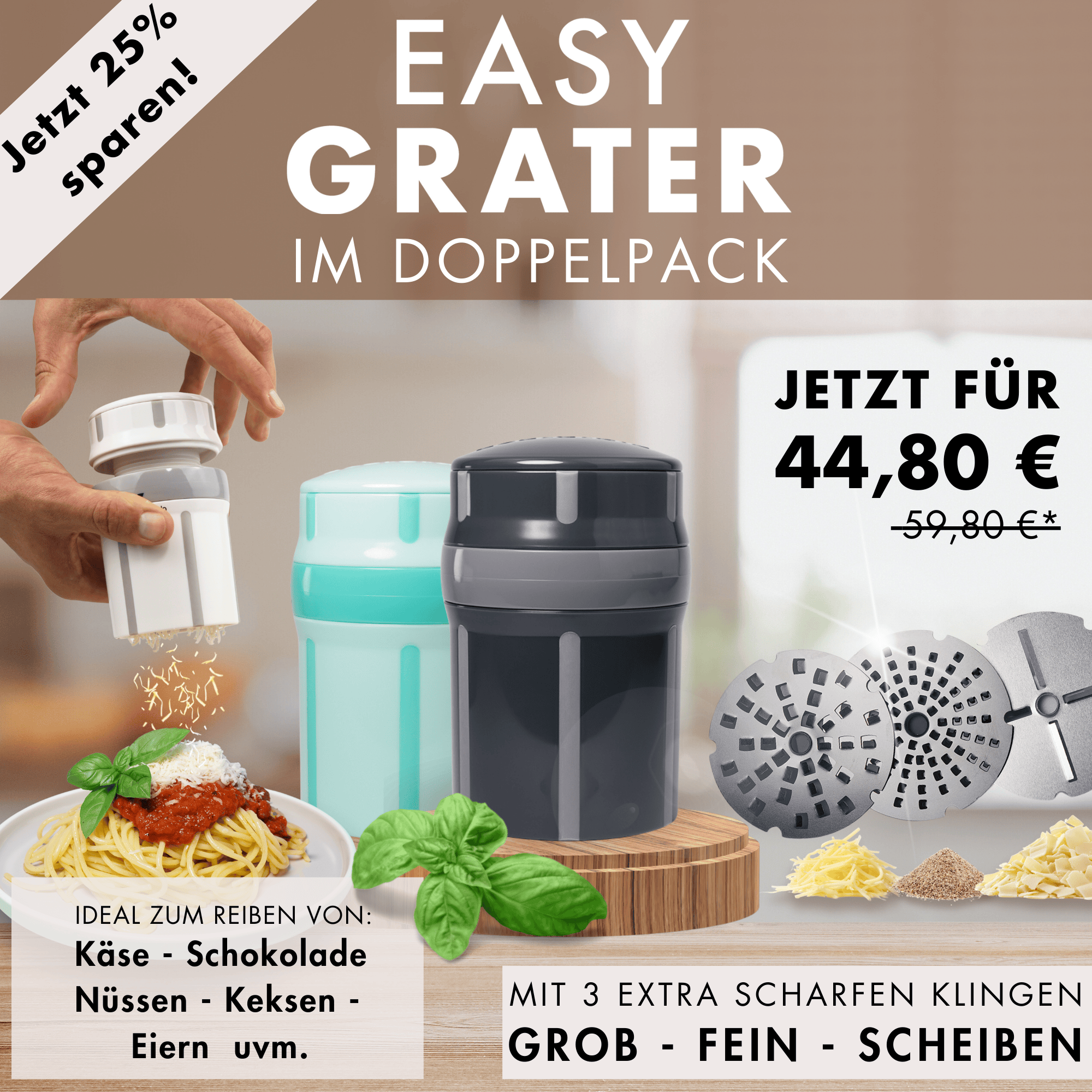 Darstellung des Produktes in der Anwendung beim Reiben und die verschiedenen Sägeblätter