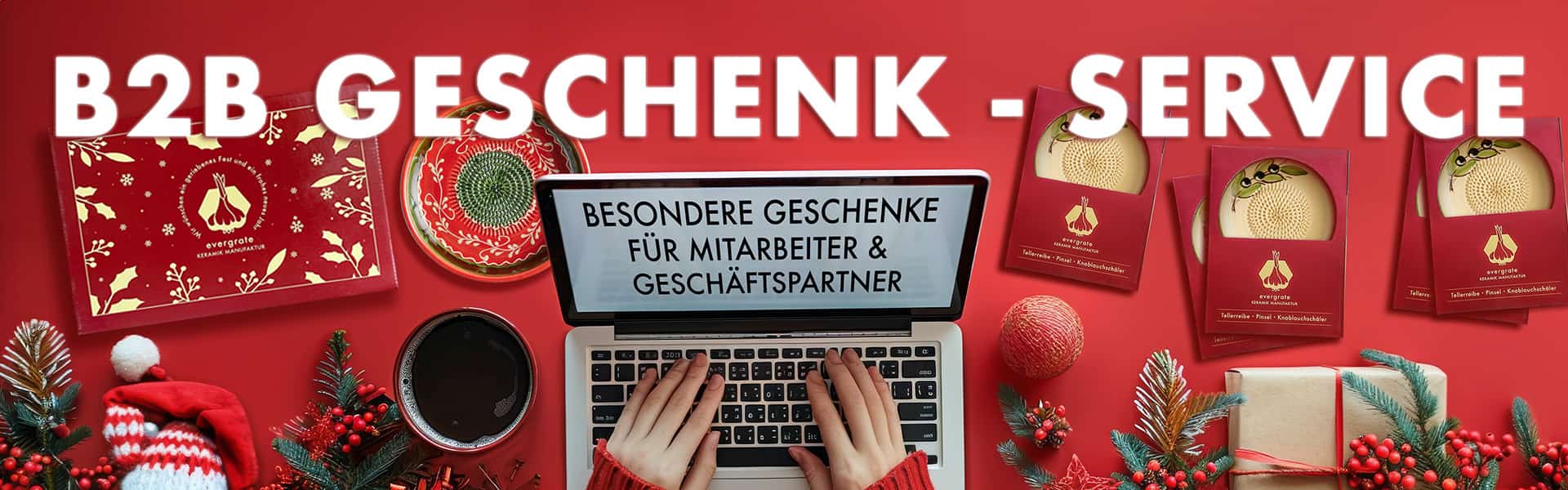 Angebot zum Geschenkservice für Geschäftskunden vor weihnachtlichem Hintergrund mit Tellerreiben und Dipschalen